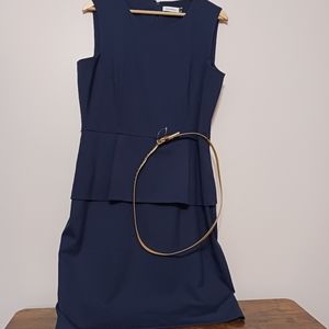 Calvin Klein Navy  Blue Strapless Dress Gold Belt Size 14 Straight with Pleated